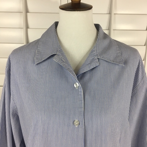 Karen Scott Blouse Blue White Striped Button Up - Picture 3 of 8